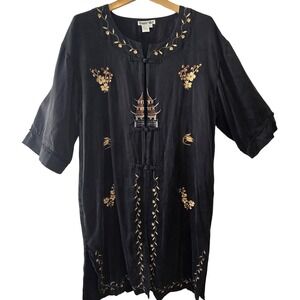 WinterSilks 100% Silk Tunic XL Black Embroidered Asian Pagoda Frog Closure Top